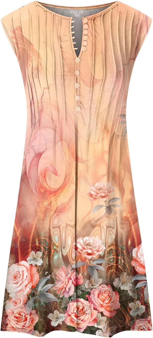 Ceboyel Womens 2023 Floral Tunic Dress Button Short Dresses Sleeveless Pleated Summer Causal Dress Cute Trendy Boho Clothes
