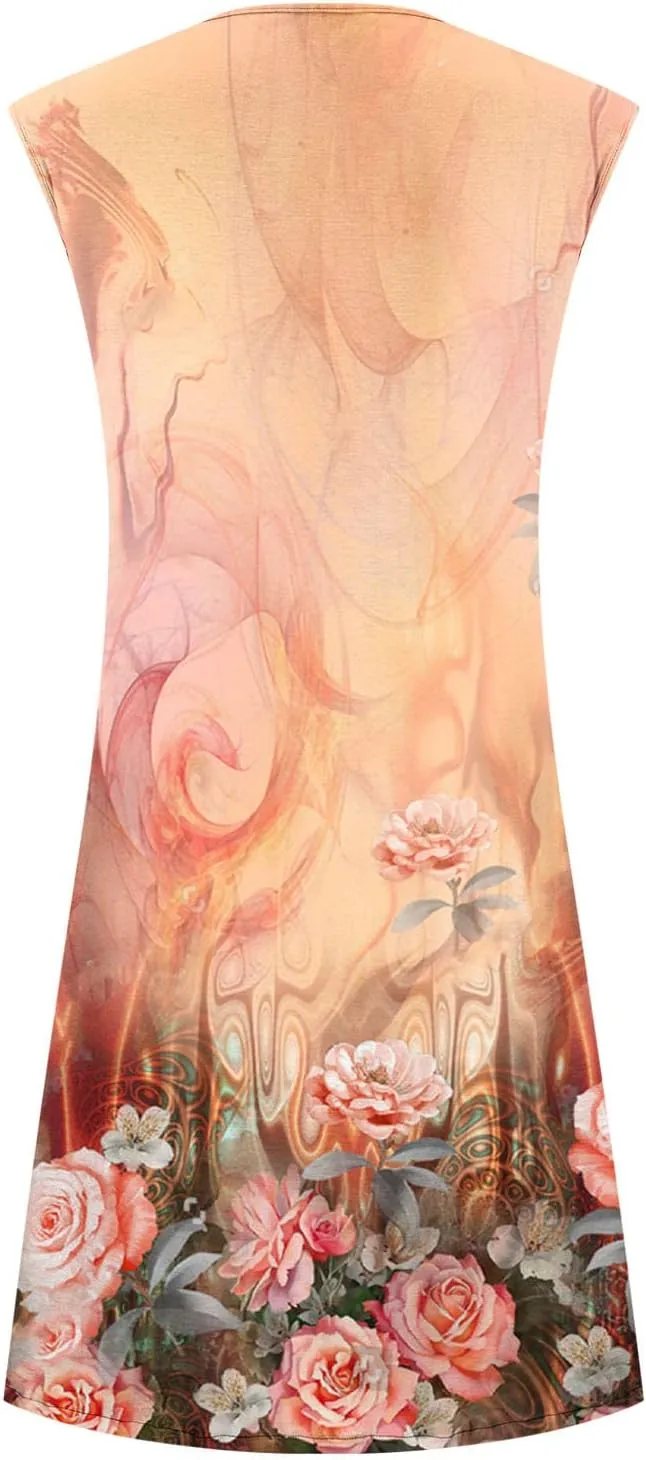Ceboyel Womens 2023 Floral Tunic Dress Button Short Dresses Sleeveless Pleated Summer Causal Dress Cute Trendy Boho Clothes