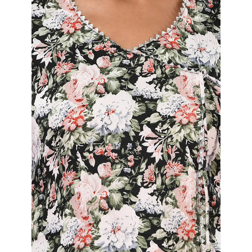 CHARUKRITI Black Crepe Floral Printed Angrakha Kurta with Palazzo (Set of 2)