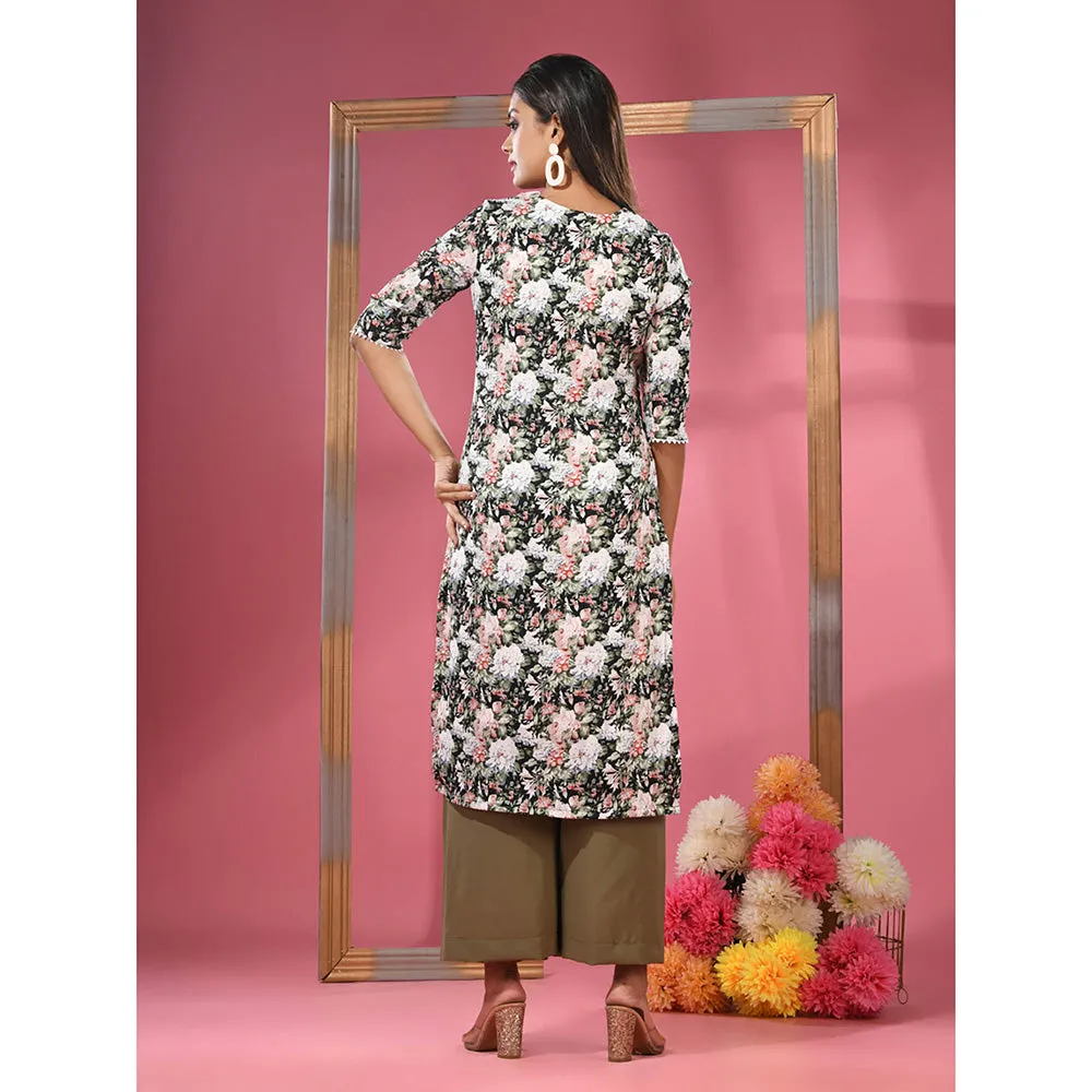 CHARUKRITI Black Crepe Floral Printed Angrakha Kurta with Palazzo (Set of 2)
