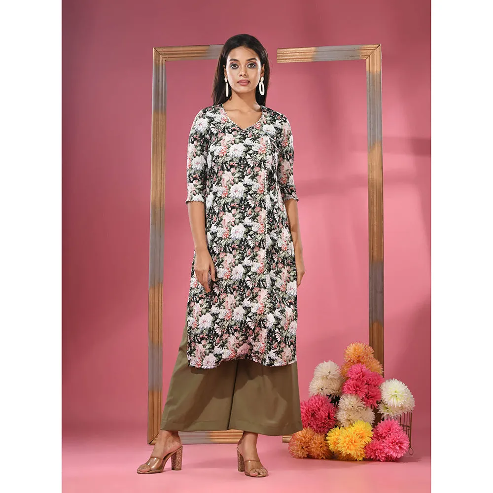 CHARUKRITI Black Crepe Floral Printed Angrakha Kurta with Palazzo (Set of 2)