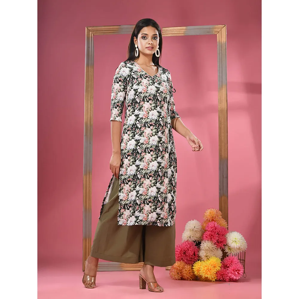 CHARUKRITI Black Crepe Floral Printed Angrakha Kurta with Palazzo (Set of 2)
