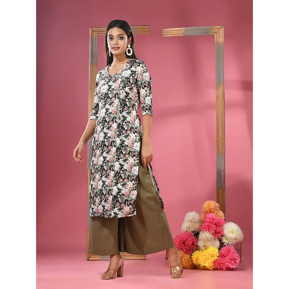 CHARUKRITI Black Crepe Floral Printed Angrakha Kurta with Palazzo (Set of 2)
