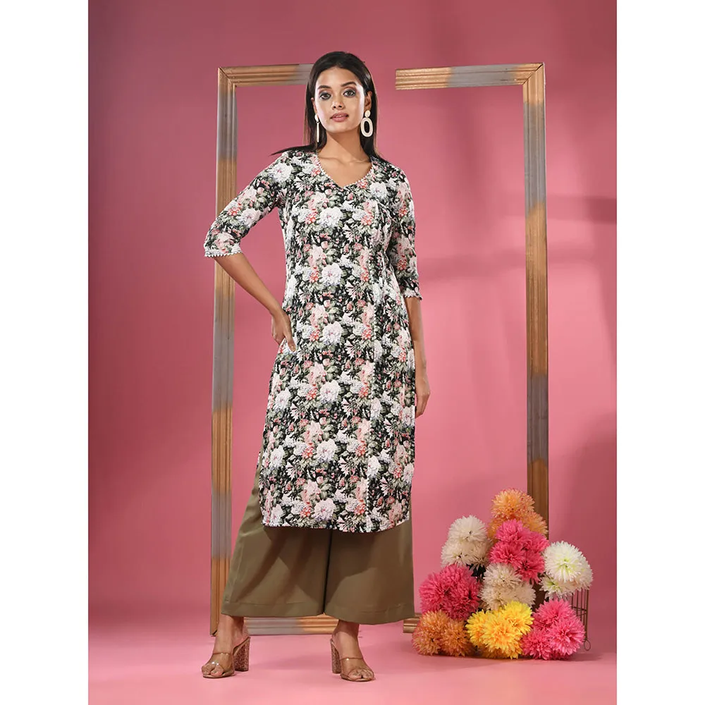 CHARUKRITI Black Crepe Floral Printed Angrakha Kurta with Palazzo (Set of 2)