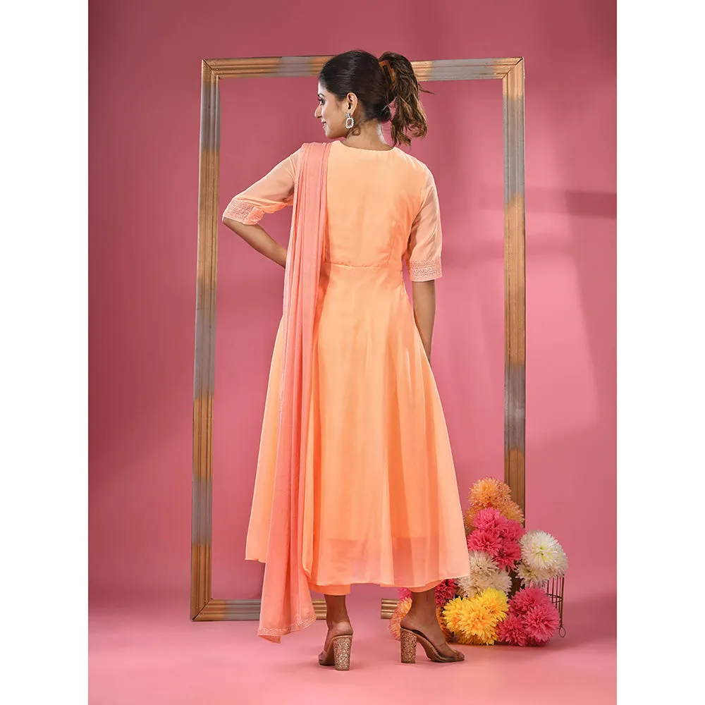CHARUKRITI Peach Georgette Gathered Suit with Dupatta (Set of 3)