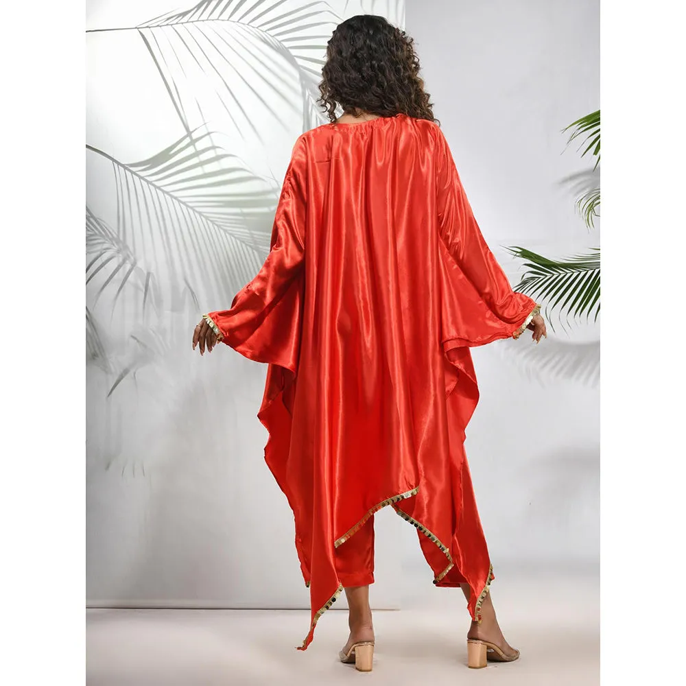 CHARUKRITI Red Solid Kaftan & Straight Pant with Sequins (Set of 2)