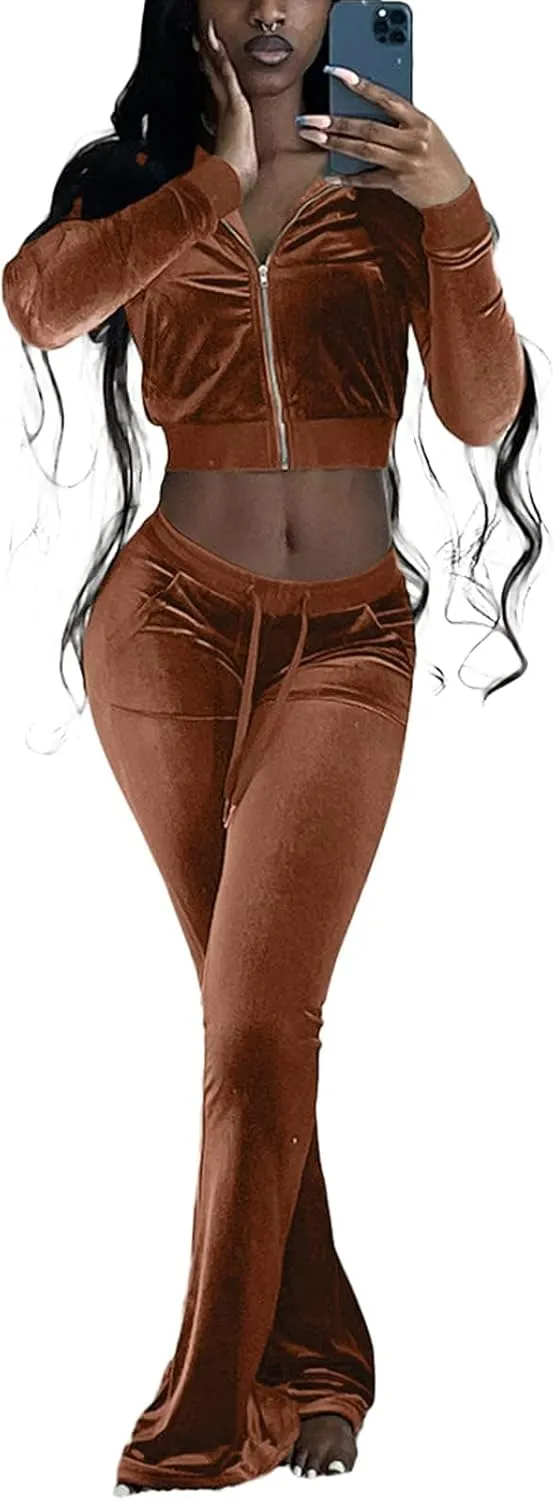 Chatinction Women's 2 Piece Outfit Velour Zip Up Crop Jacket and Bell Bottoms Long Pants with Pockets Tracksuit Set