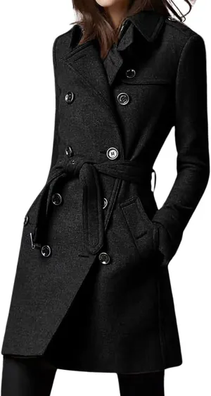 chouyatou Women's Winter Double Breasted Wool Coat Slim Fit Office Work Mid Long Trench Coat Overcoat