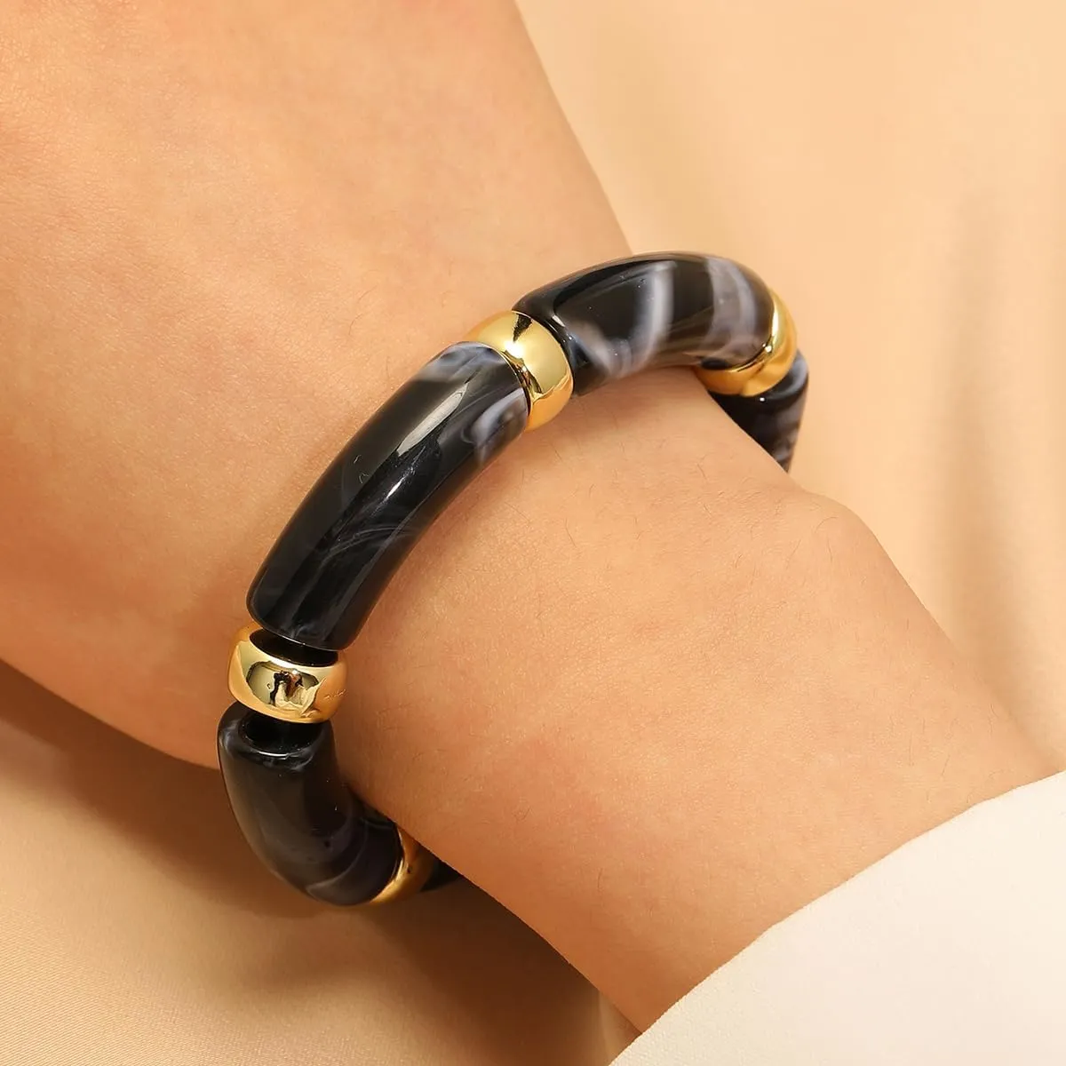 Chunky Resin Bamboo Tube Bracelets for Women Vintage Curved Acrylic Bracelet Stretchable Friendship Gold Bracelets Boho Summer Beach Wedding Jewelry