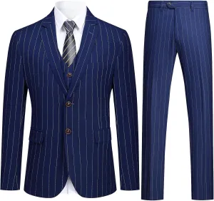 Cloudstyle Mens 3 Piece Stripe Suit Set Center Vent 2 Button Tux Blazer Jacket Vest Trousers