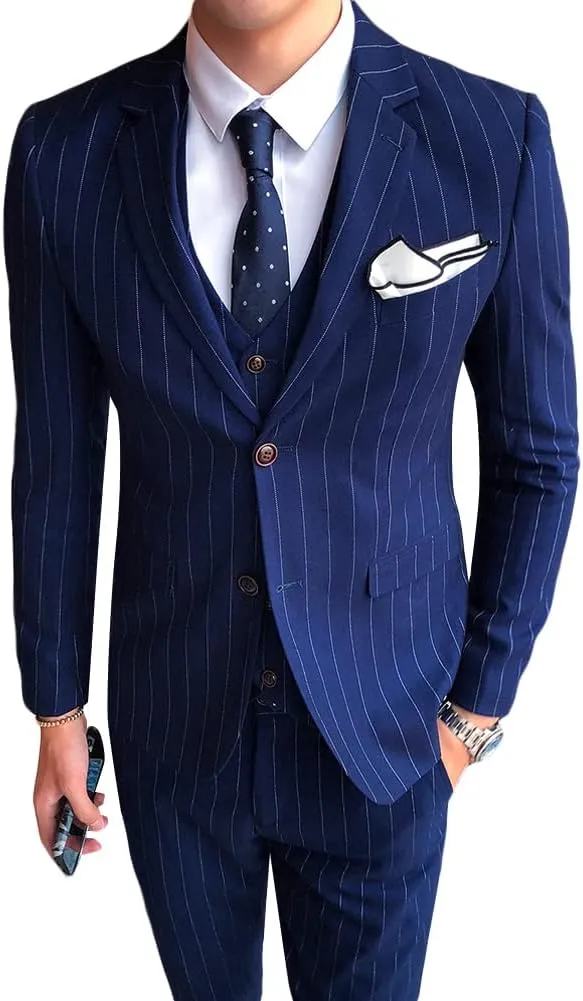 Cloudstyle Mens 3 Piece Stripe Suit Set Center Vent 2 Button Tux Blazer Jacket Vest Trousers