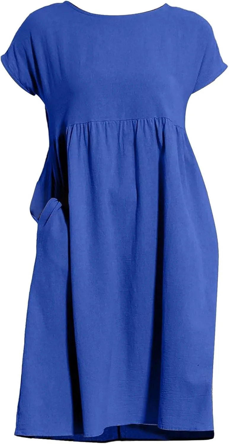 Cotton Linen Dresses for Women 2024 Casual High Waisted Pleated Short Sleeves Midi Dress Loose Pockets Beach Sundress