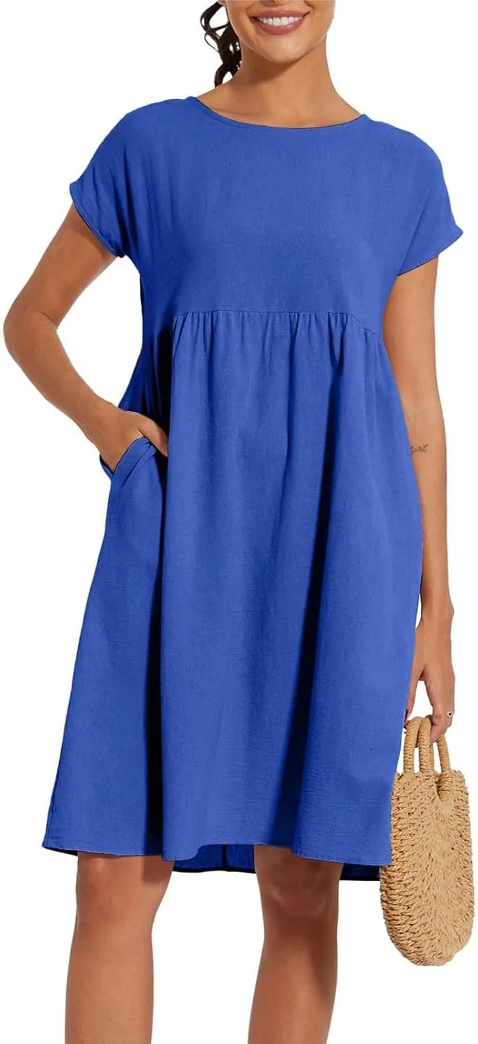 Cotton Linen Dresses for Women 2024 Casual High Waisted Pleated Short Sleeves Midi Dress Loose Pockets Beach Sundress