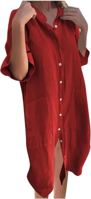 Cotton Linen Shirt Dress for Women Summer Button-Down Blouse Tops Flowy Loose A-Line Midi Dress Tunic Dress Plus Size