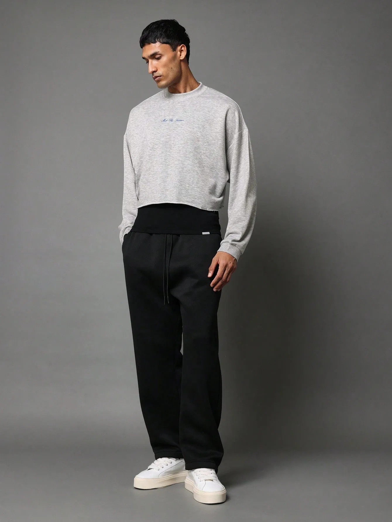 Crop Fit Raw Edge Sweatshirt With Embroidery
