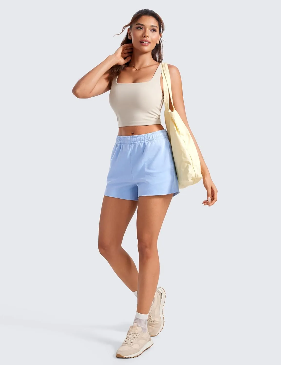 CRZ YOGA Butterluxe Womens Square Neck Longline Sports Bra - Workout Crop Tank Tops Padded Yoga Camisole with Built in Pads