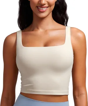 CRZ YOGA Butterluxe Womens Square Neck Longline Sports Bra - Workout Crop Tank Tops Padded Yoga Camisole with Built in Pads