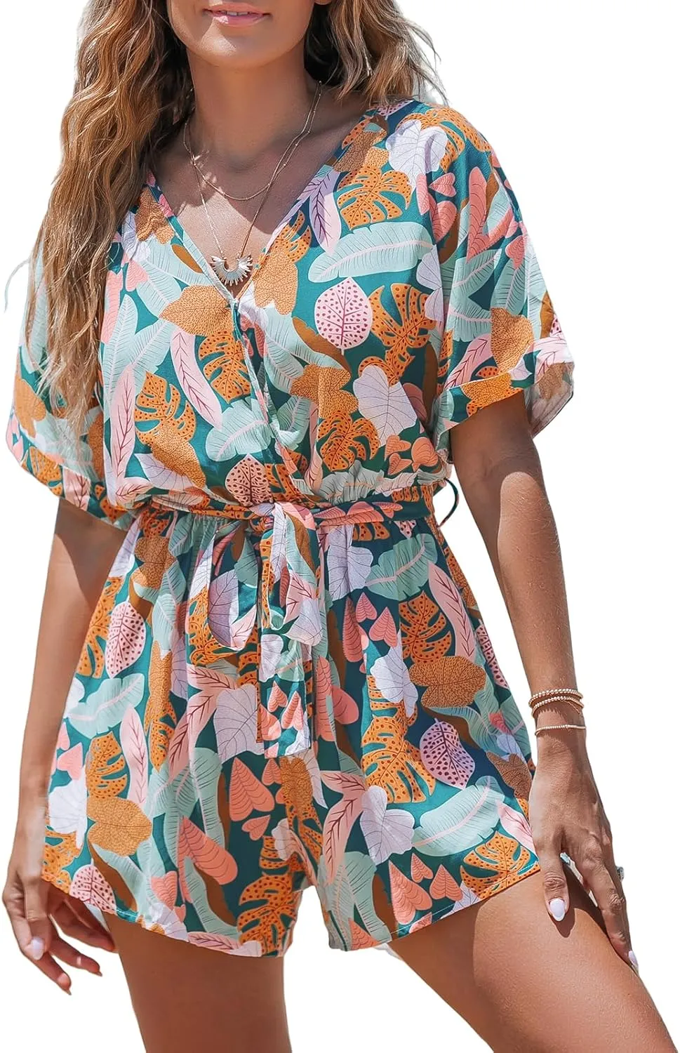CUPSHE Women's Rompers Short Sleeve V Neck Jumpsuits Wide Leg Overall Short Outfit Casual
