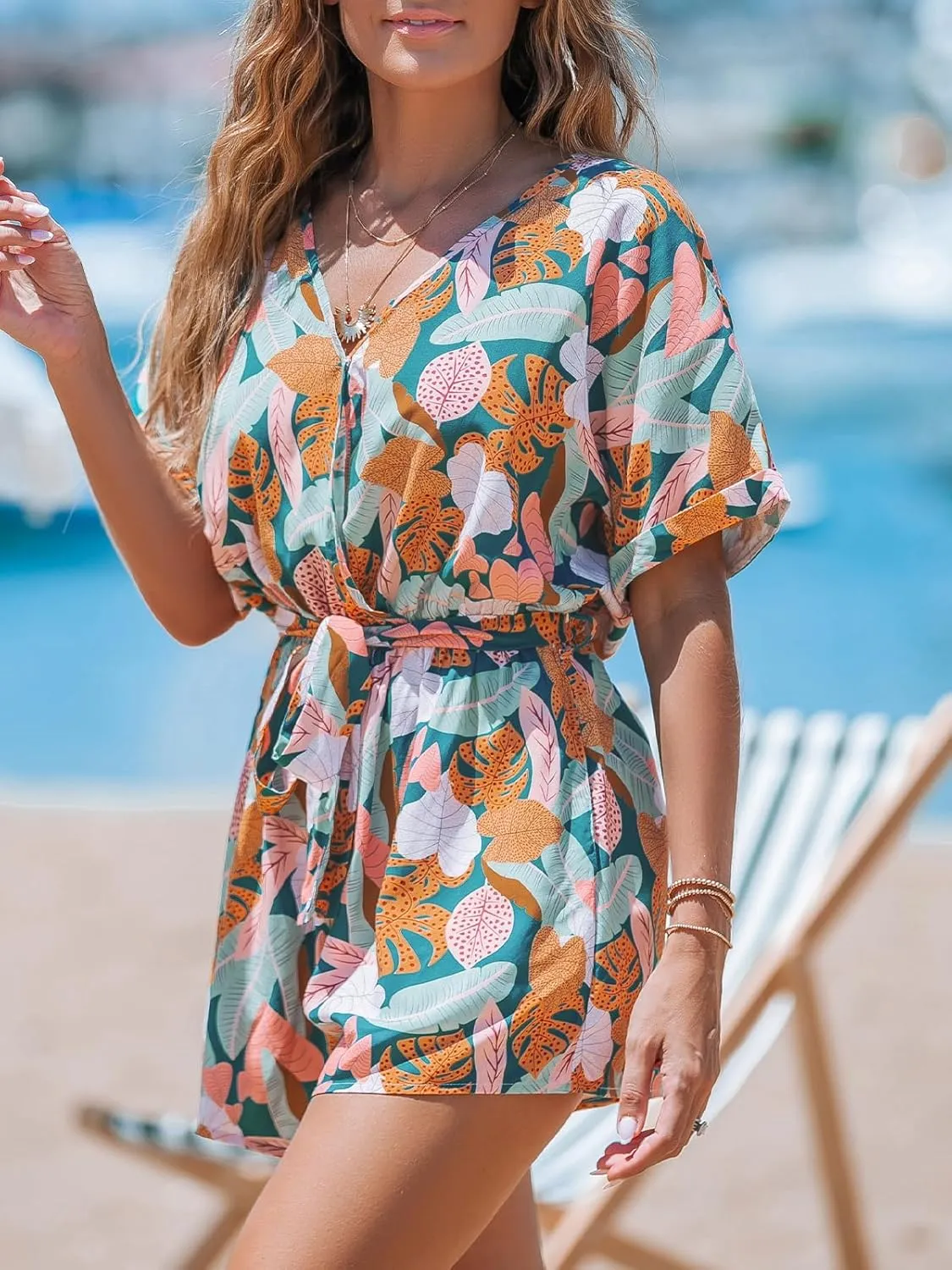 CUPSHE Women's Rompers Short Sleeve V Neck Jumpsuits Wide Leg Overall Short Outfit Casual