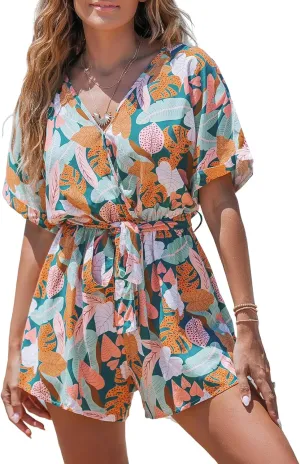 CUPSHE Women's Rompers Short Sleeve V Neck Jumpsuits Wide Leg Overall Short Outfit Casual