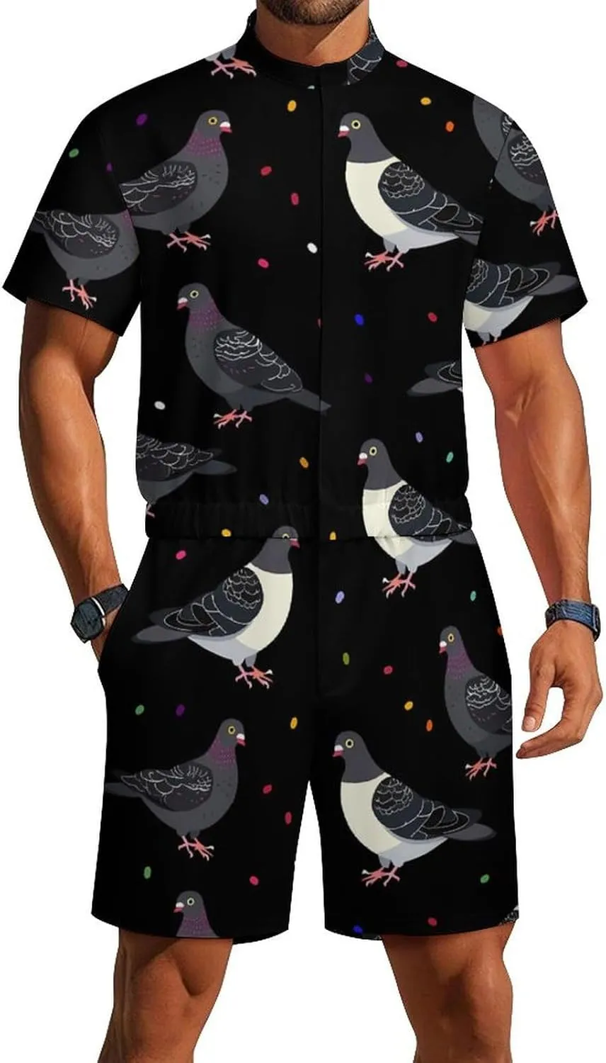 Cute Cartoon Pigeons Mens Short Sleeve Rompers Printed Slim Fit One Piece Jumpsuit with Pocket