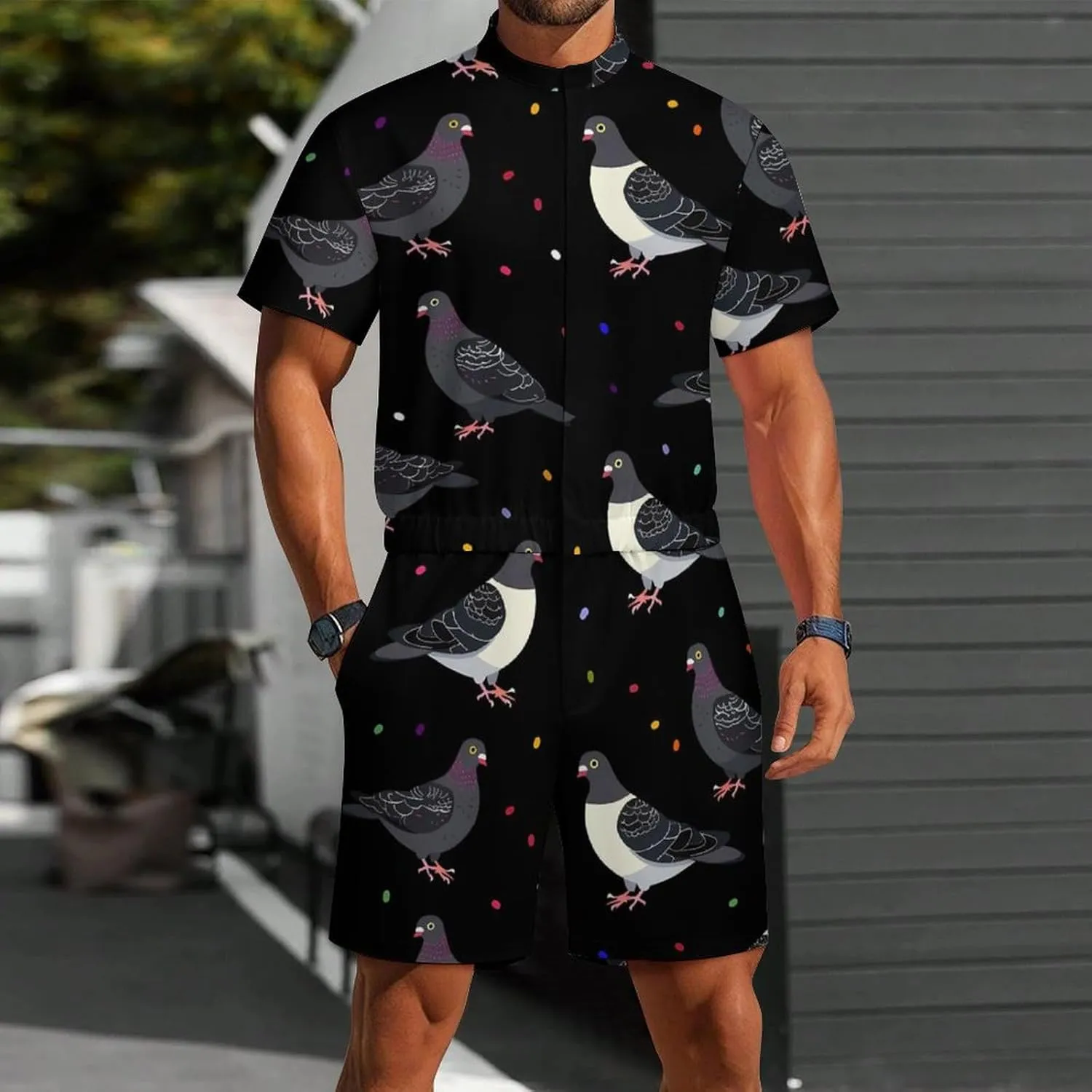 Cute Cartoon Pigeons Mens Short Sleeve Rompers Printed Slim Fit One Piece Jumpsuit with Pocket