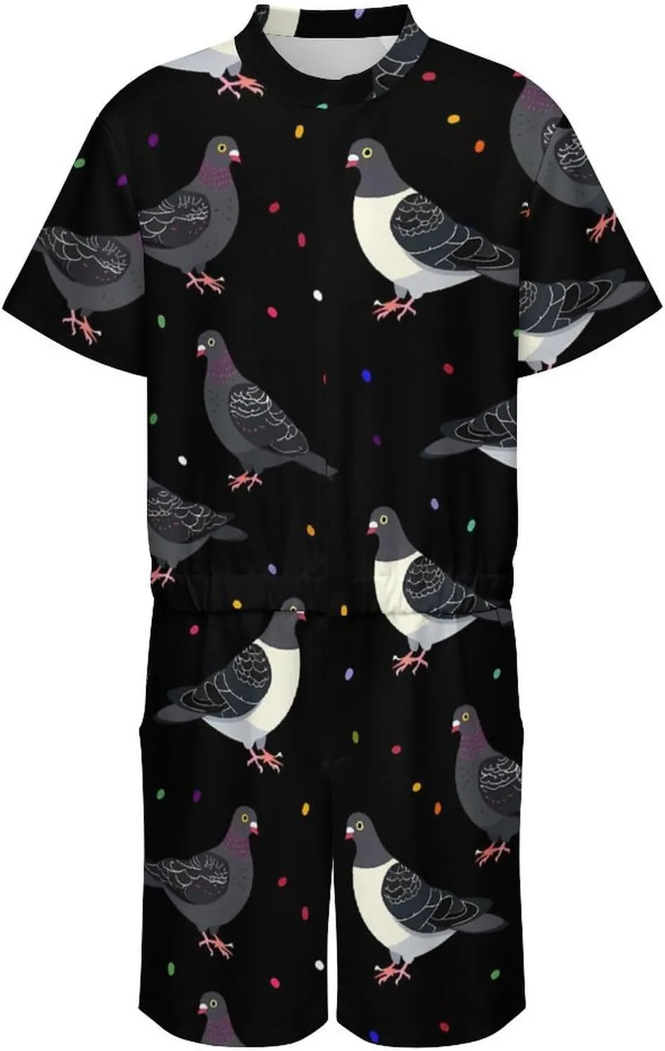 Cute Cartoon Pigeons Mens Short Sleeve Rompers Printed Slim Fit One Piece Jumpsuit with Pocket