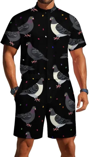 Cute Cartoon Pigeons Mens Short Sleeve Rompers Printed Slim Fit One Piece Jumpsuit with Pocket