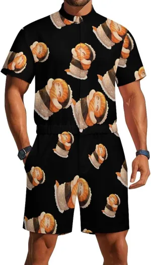 Cute Sushi Hug Salmon Maki Anime Figure Japanese Mens Short Sleeve Rompers Printed Slim Fit One Piece Jumpsuit with Pocket