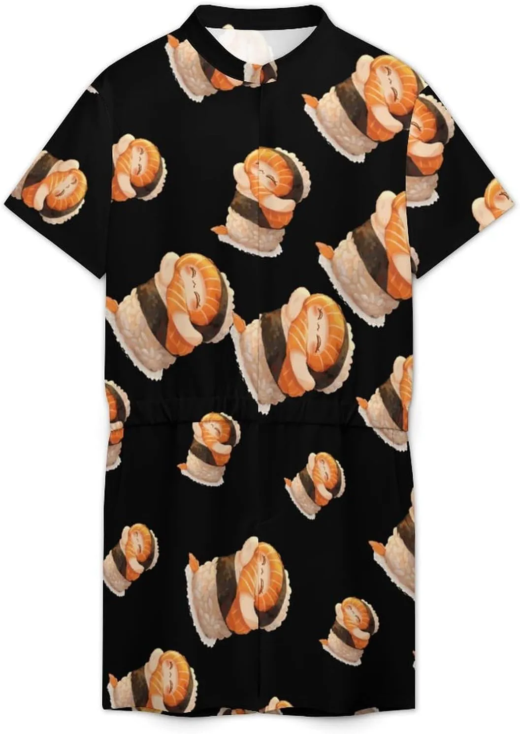Cute Sushi Hug Salmon Maki Anime Figure Japanese Mens Short Sleeve Rompers Printed Slim Fit One Piece Jumpsuit with Pocket