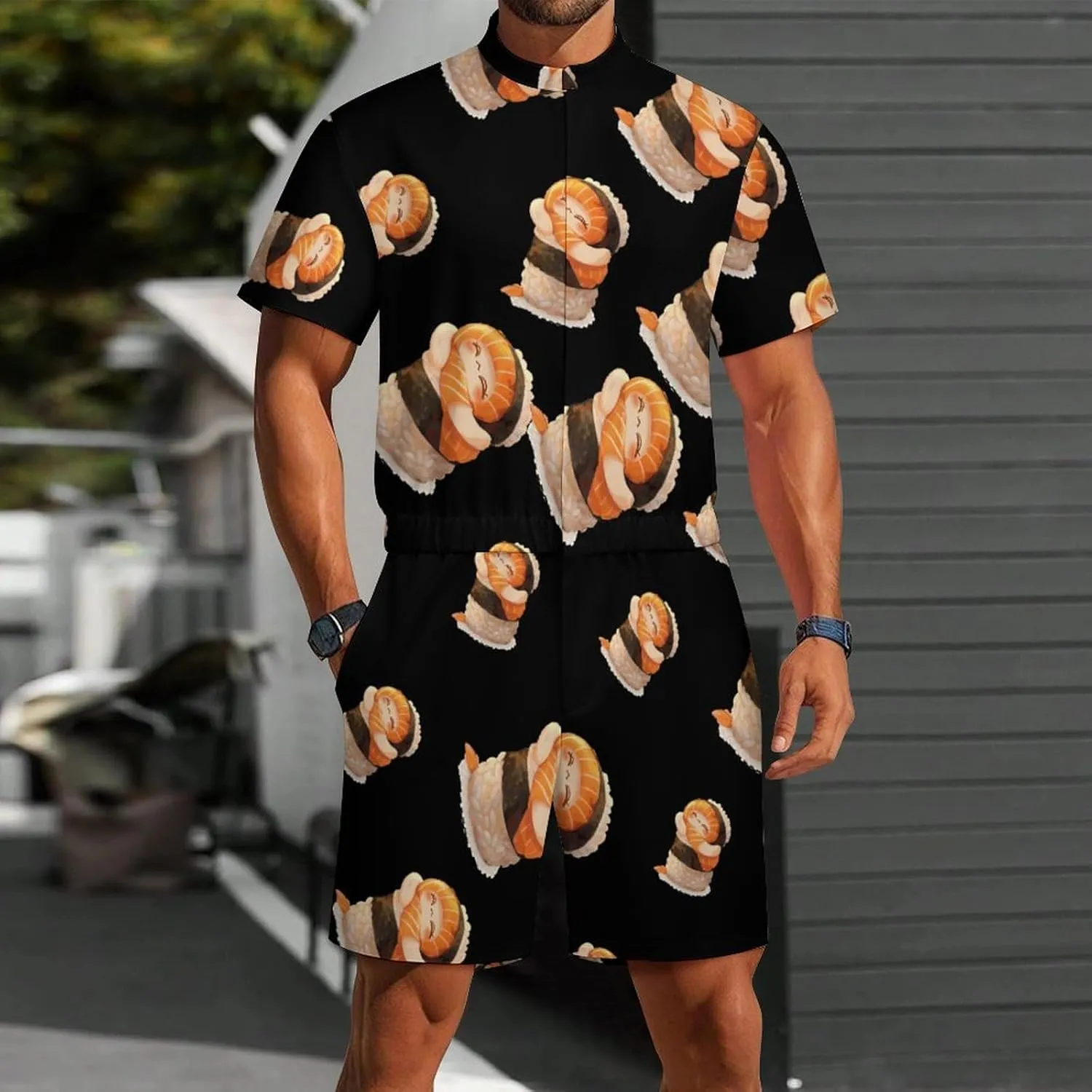 Cute Sushi Hug Salmon Maki Anime Figure Japanese Mens Short Sleeve Rompers Printed Slim Fit One Piece Jumpsuit with Pocket
