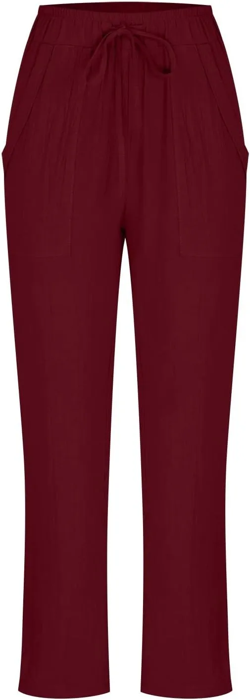 DASAYO Linen Pants Women Pettie Plus Size Drawstring Elastic Waist Straight Leg Trousers Summer Casual Pants with Pockets