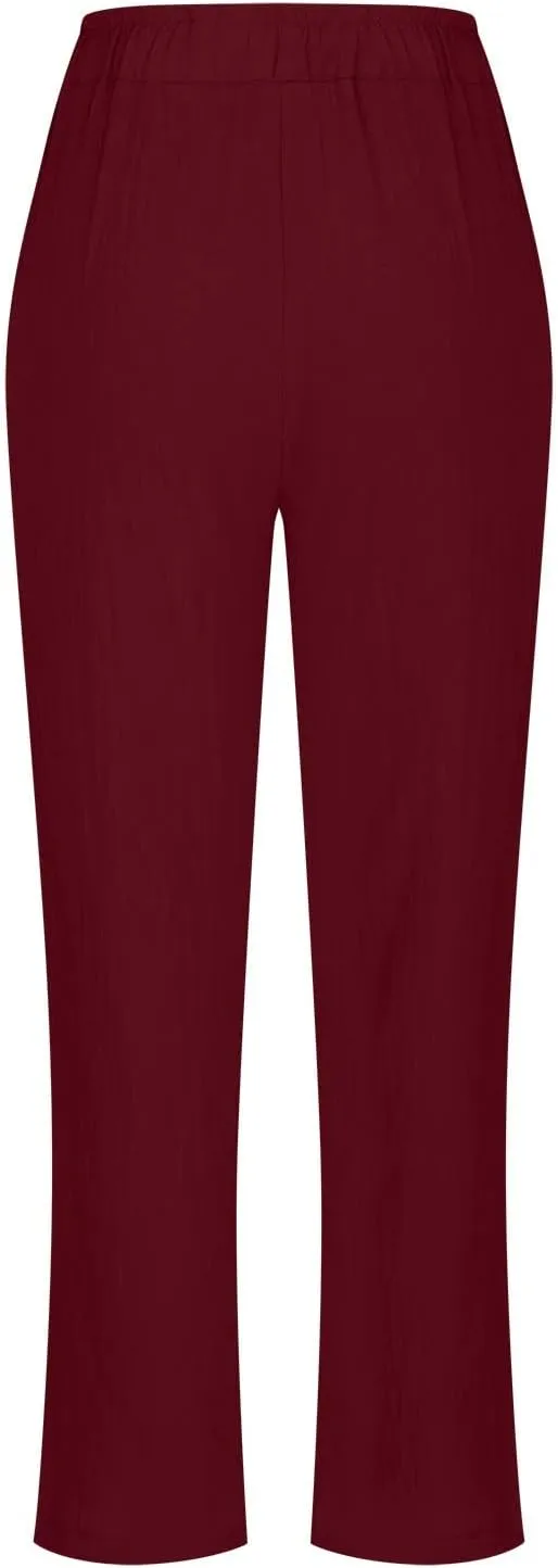 DASAYO Linen Pants Women Pettie Plus Size Drawstring Elastic Waist Straight Leg Trousers Summer Casual Pants with Pockets