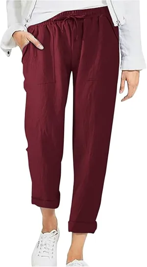 DASAYO Linen Pants Women Pettie Plus Size Drawstring Elastic Waist Straight Leg Trousers Summer Casual Pants with Pockets