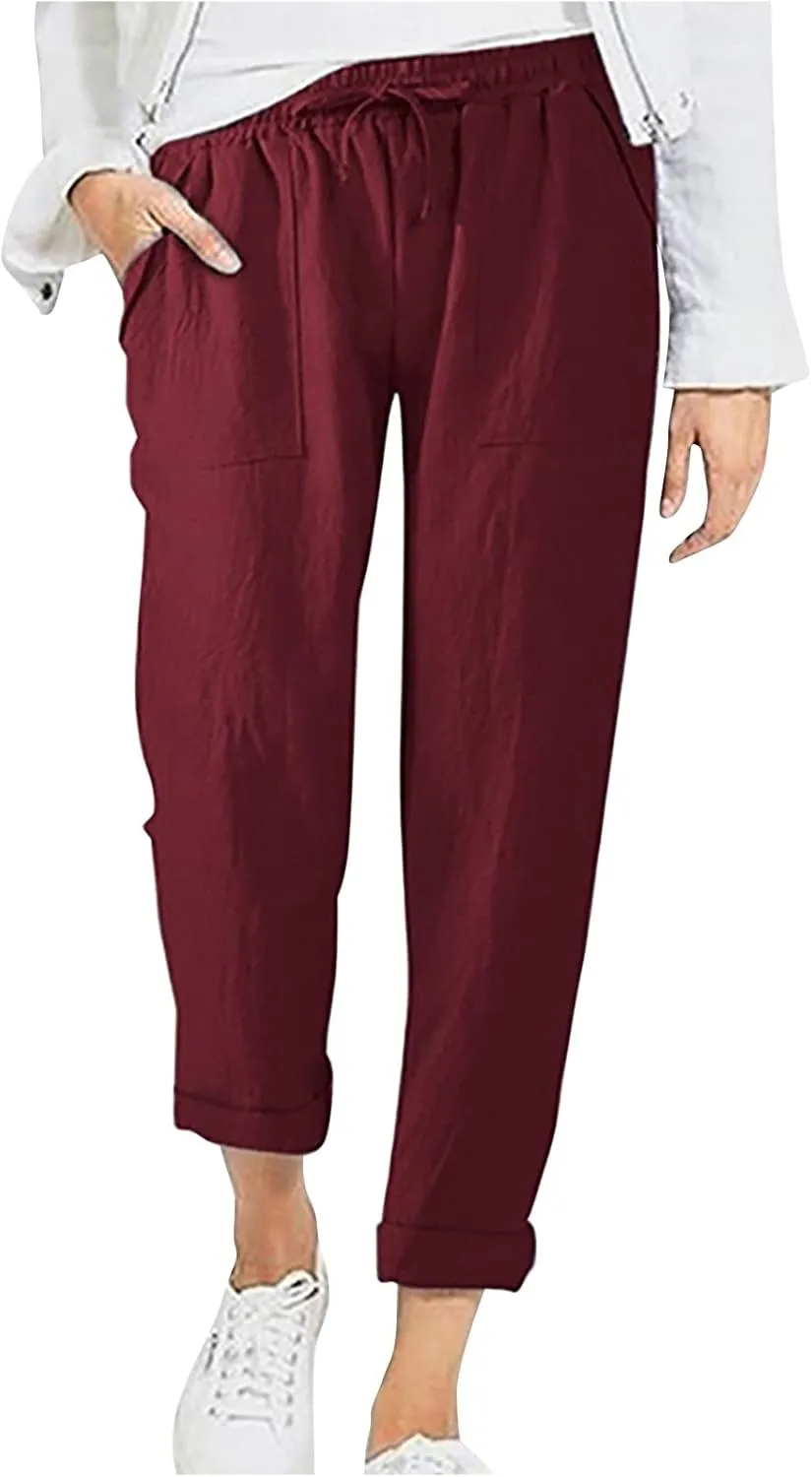 DASAYO Linen Pants Women Pettie Plus Size Drawstring Elastic Waist Straight Leg Trousers Summer Casual Pants with Pockets