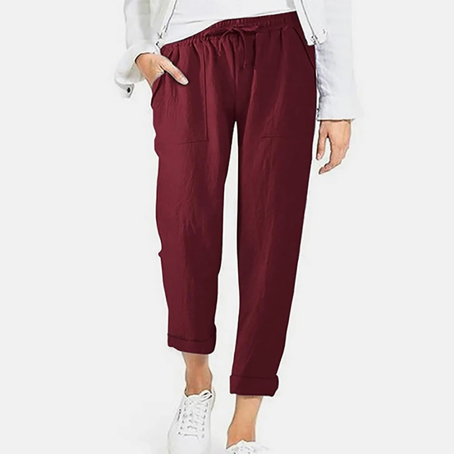 DASAYO Linen Pants Women Pettie Plus Size Drawstring Elastic Waist Straight Leg Trousers Summer Casual Pants with Pockets