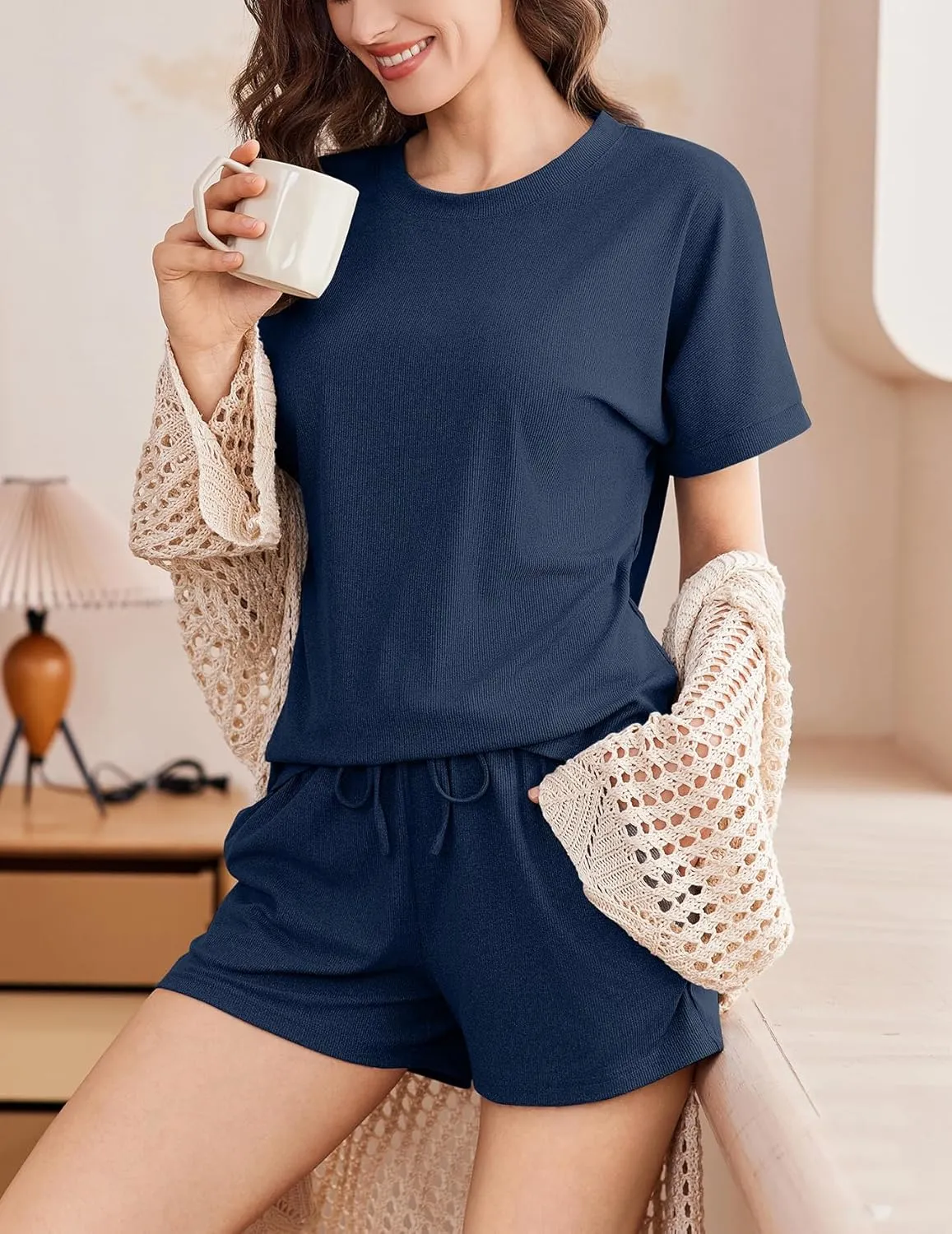 Ekouaer Pajamas Set 2 Piece Ribbed Knit Pjs Short Sleeve Tops and Shorts Sleepwear Summer Pajama Soft Lounge Sets S-XXL