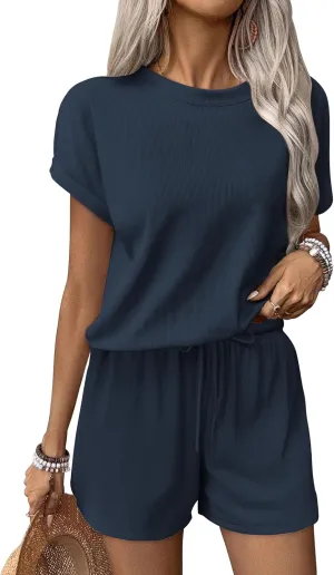 Ekouaer Pajamas Set 2 Piece Ribbed Knit Pjs Short Sleeve Tops and Shorts Sleepwear Summer Pajama Soft Lounge Sets S-XXL