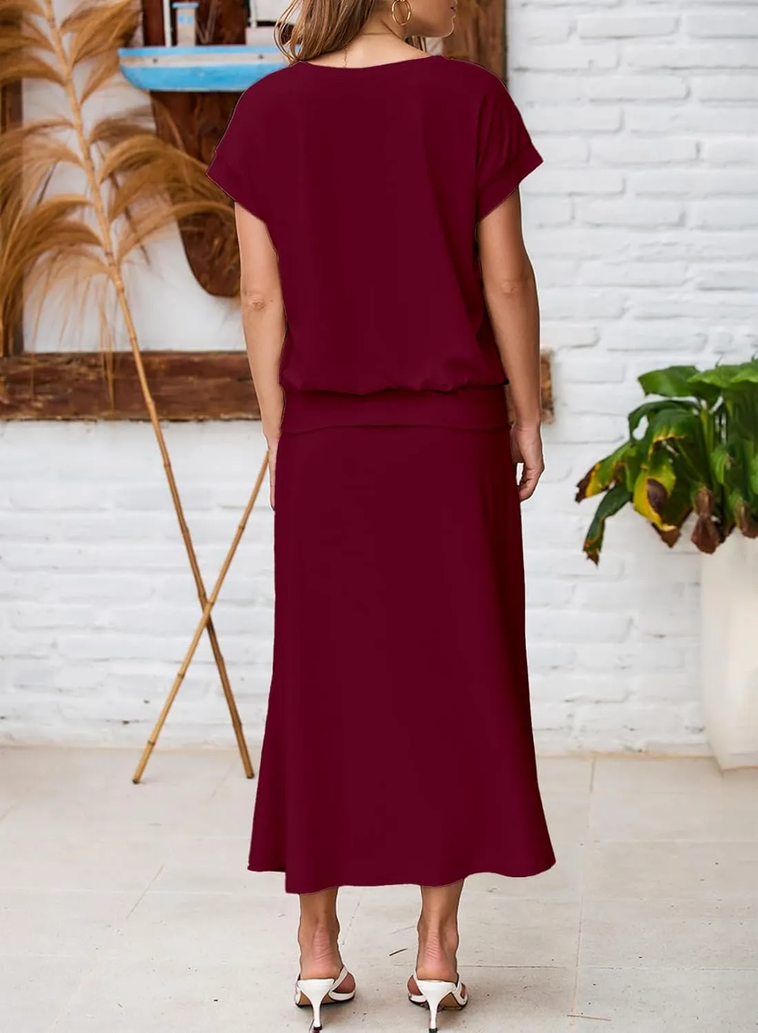 EVALESS Women's 2 Piece Sets Skirt Outfits Casual Short Sleeve Knit Tops Matching A-Line Midi Skirts Dresses Lounge Set