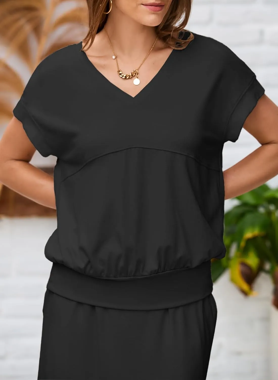 EVALESS Women's 2 Piece Sets Skirt Outfits Casual Short Sleeve Knit Tops Matching A-Line Midi Skirts Dresses Lounge Set