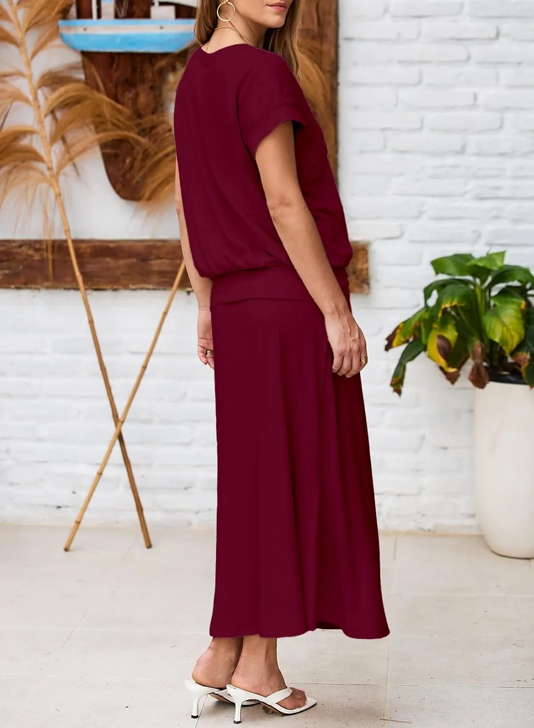 EVALESS Women's 2 Piece Sets Skirt Outfits Casual Short Sleeve Knit Tops Matching A-Line Midi Skirts Dresses Lounge Set