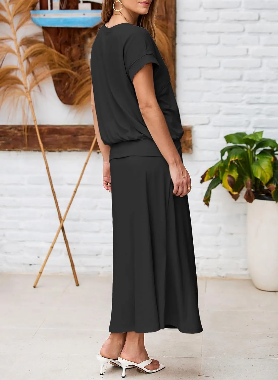 EVALESS Women's 2 Piece Sets Skirt Outfits Casual Short Sleeve Knit Tops Matching A-Line Midi Skirts Dresses Lounge Set