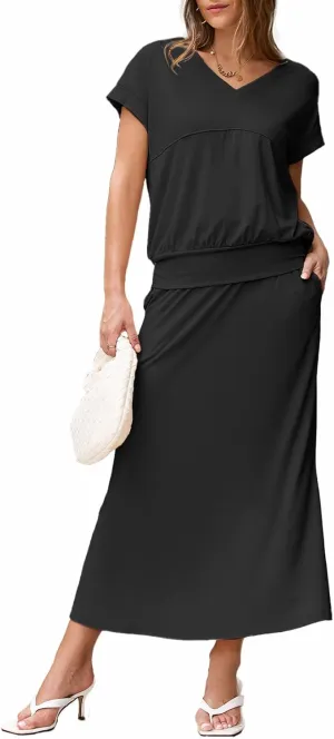 EVALESS Women's 2 Piece Sets Skirt Outfits Casual Short Sleeve Knit Tops Matching A-Line Midi Skirts Dresses Lounge Set