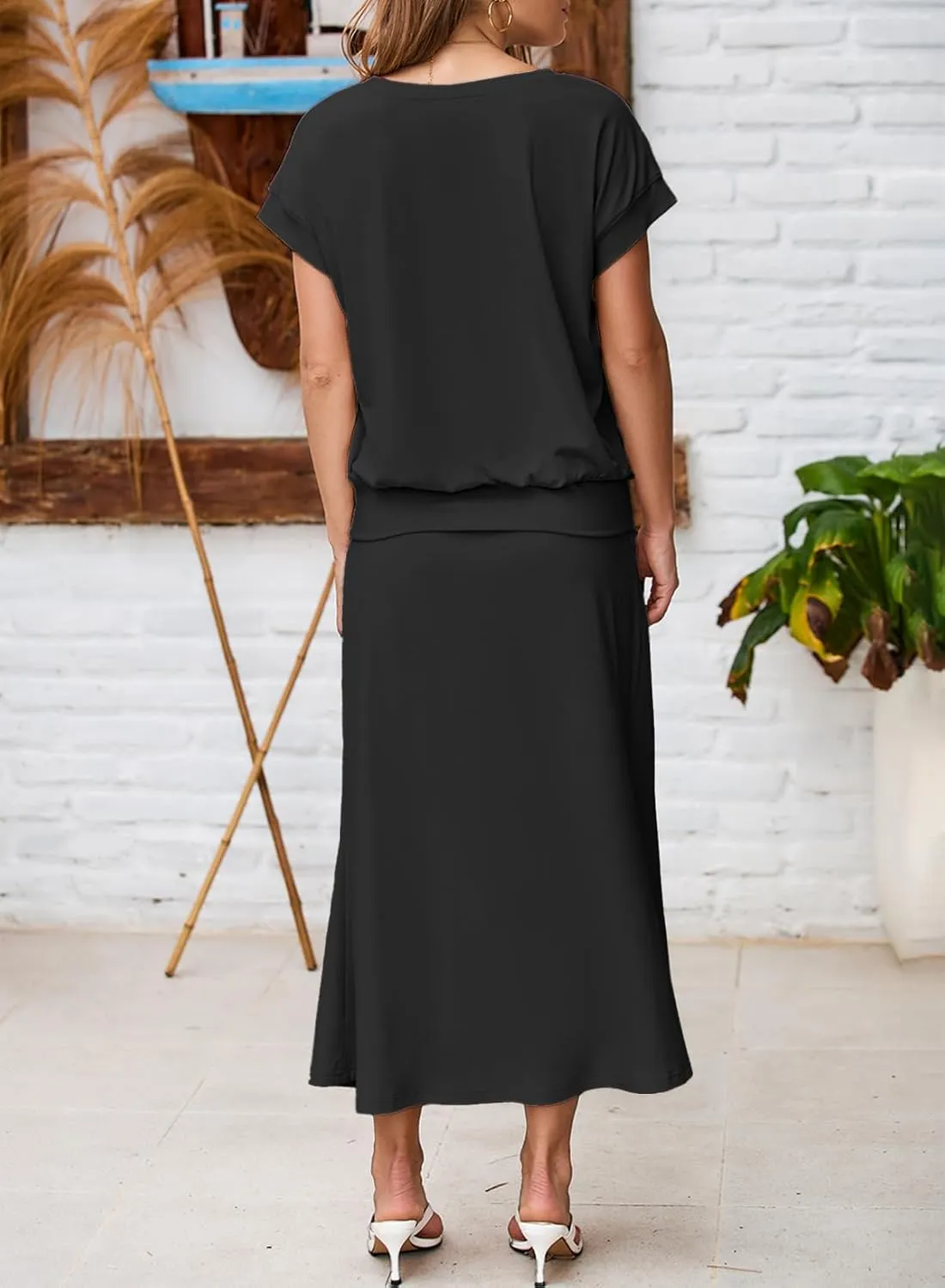 EVALESS Women's 2 Piece Sets Skirt Outfits Casual Short Sleeve Knit Tops Matching A-Line Midi Skirts Dresses Lounge Set
