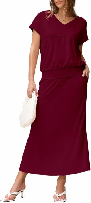 EVALESS Women's 2 Piece Sets Skirt Outfits Casual Short Sleeve Knit Tops Matching A-Line Midi Skirts Dresses Lounge Set
