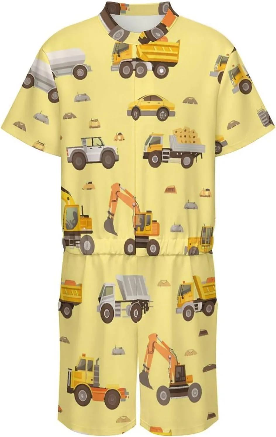 Excavator Truck Mens Short Sleeve Rompers Printed Slim Fit One Piece Jumpsuit with Pocket