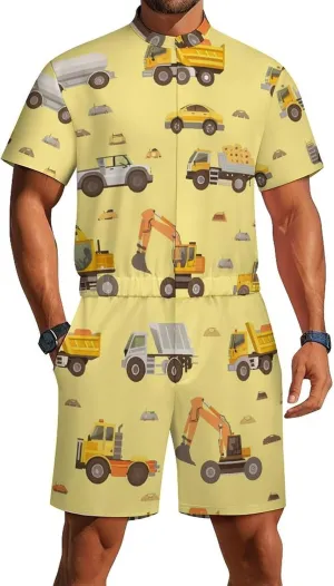 Excavator Truck Mens Short Sleeve Rompers Printed Slim Fit One Piece Jumpsuit with Pocket