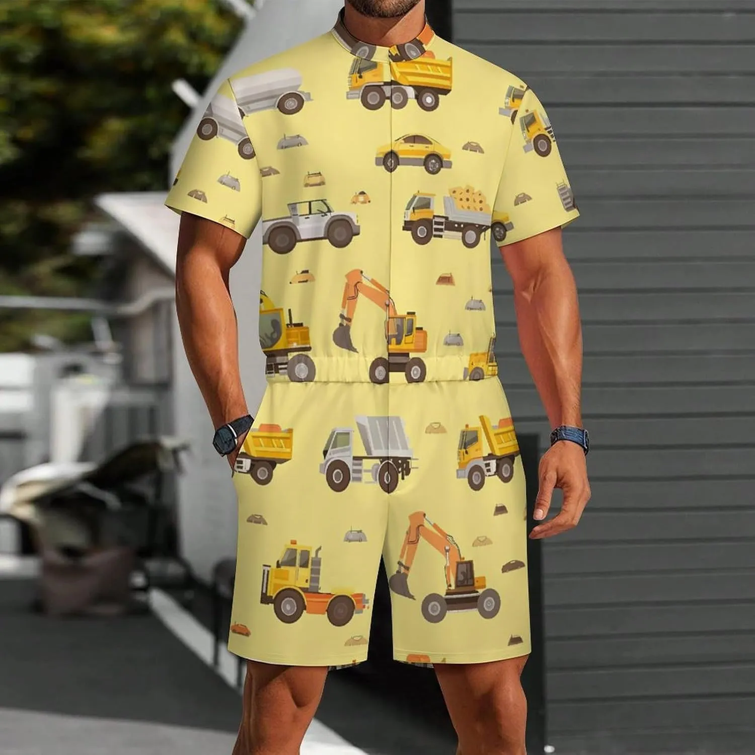 Excavator Truck Mens Short Sleeve Rompers Printed Slim Fit One Piece Jumpsuit with Pocket