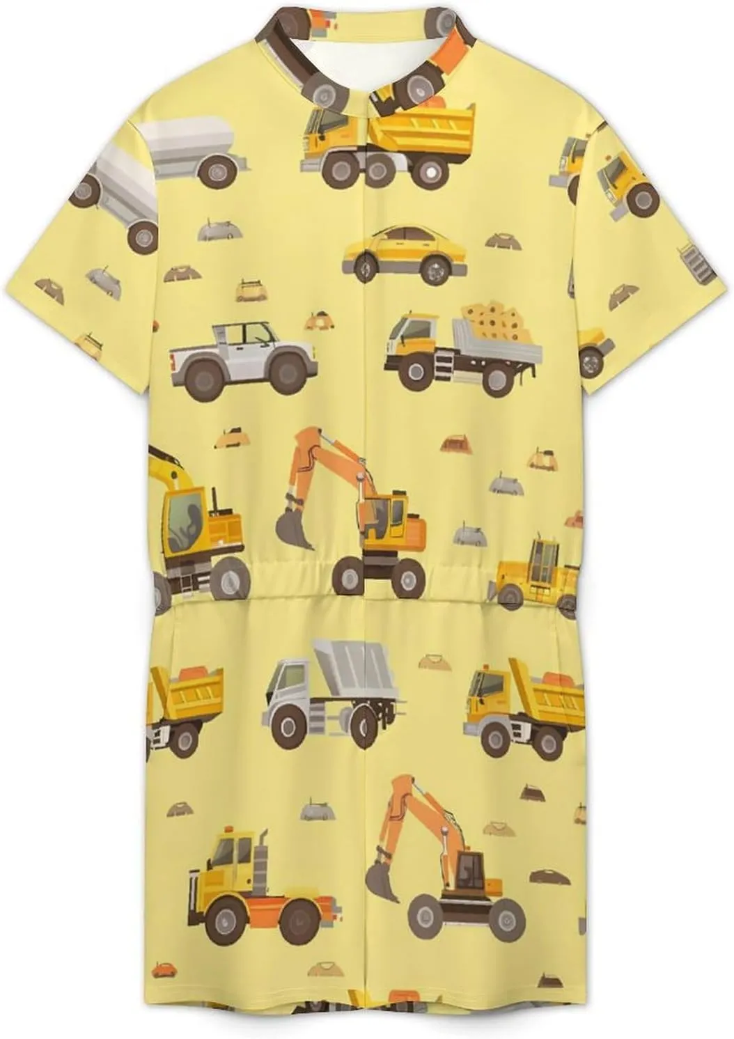 Excavator Truck Mens Short Sleeve Rompers Printed Slim Fit One Piece Jumpsuit with Pocket