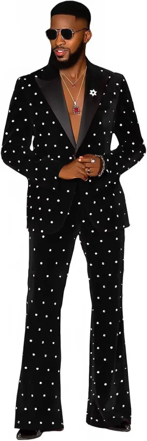 Fashion Velvet Men's Suits with Rhinestones 2 Pieces Prom Tuxedo Regular Fit Peak Lapel Blazer Pants for Dinner Wedding